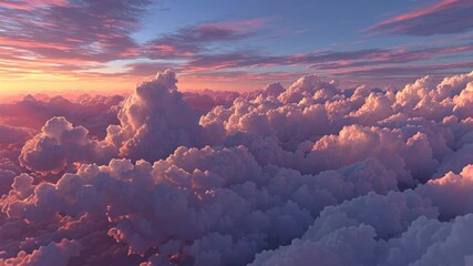 Beautiful realistic flight over cumulus lush clouds at morning bright sun - Powered by Adobe