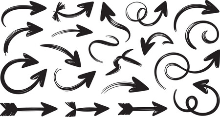 Set of black  hand drawn arrows isolated on white. Vector illustration
