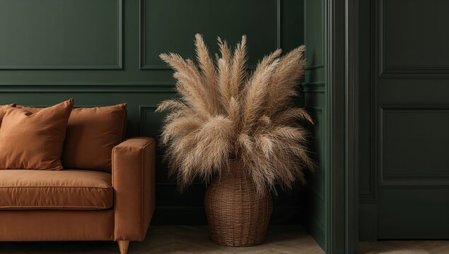 Modern home interior featuring a deep green palette, a tan sofa, and pampas grass arranged in a woven container