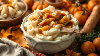 Bowl of creamy mashed potatoes with gravy, surrounded by autumn vegetables and warm tones, cozy thanksgiving dinner atmosphere