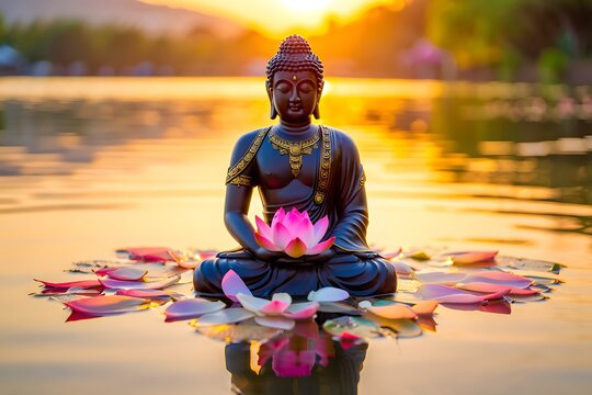 Serene buddha statue with lotus flowers floating on water at sunset serene meditation peace