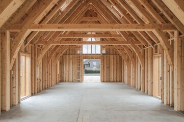 Inside a wooden framework home being built