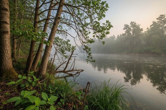 Foggy dawn beside a tranquil river in the southern region