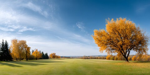 beautiful autumn landscape with a blue sky, green grass, and colorful trees in the background of a golf course