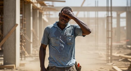 Man wiping sweat from forehead while working on construction site  