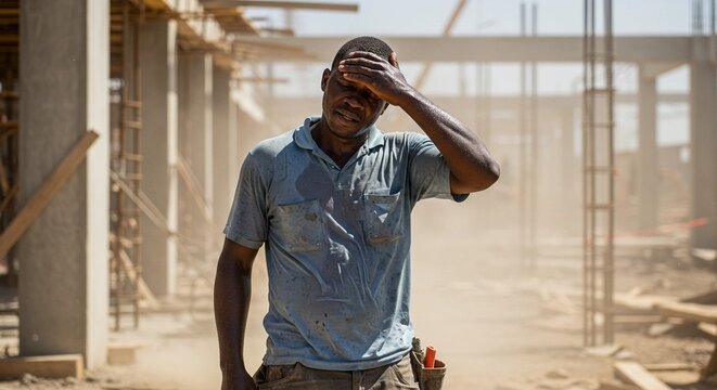 Man wiping sweat from forehead while working on construction site   - Powered by Adobe