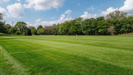 Spacious outdoor soccer field with vibrant green grass under summer skies