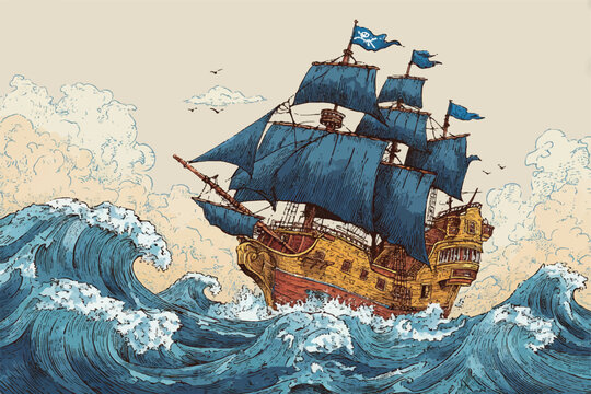 Pirate ship sailing through rough seas with waves illustration and skull flag flying high adventure awaits
