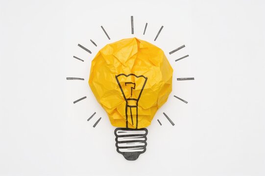 Conceptual Idea with a Light Bulb Formed from Crushed Yellow Paper and Black Sketch Lines on a White Surface