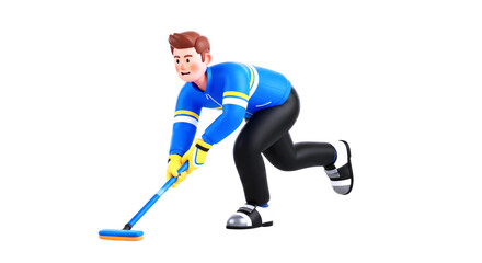 Fototapeta premium 3d cartoon curling athlete dynamic sweep animation, precise shot, focused energy, isolated on transparent background