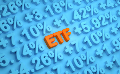 Orange ETF symbol, exchange-traded fund, surrounded by numbers with percentage signs. Investment, growth, wealth, stock market, making money. 3D illustration.
