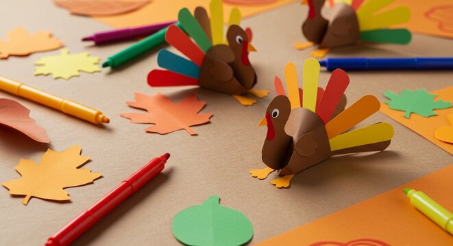Handmade Thanksgiving decorations on a craft table. Colorful paper turkeys, autumn leaves, and markers for a fun DIY holiday project for kids