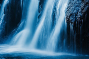 Serene waterfall cascading down a rocky cliff face in dreamy blue tones