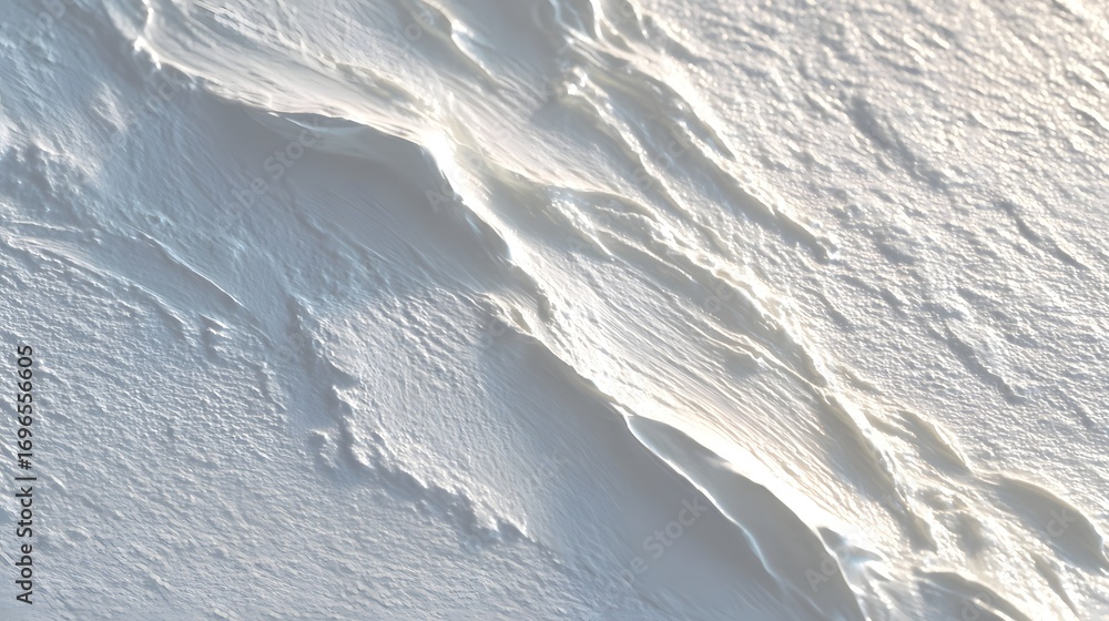Poster A close-up view of textured, light-toned snow, showcasing intricate patterns and subtle variations in shades of white.