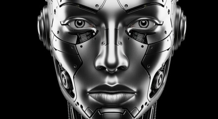 Futuristic Metallic Female Robot Face on Black Background