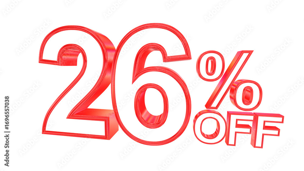 Poster 3d 26 percent off text with solid white and red metal outline effects isolated on a transparent back