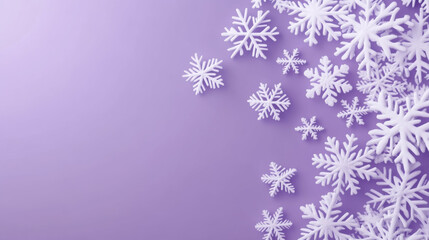 Serene winter background with festive white snowflake decoration. purple backdrop with falling snow crystals creates beautiful and calm Christmas greeting card concept