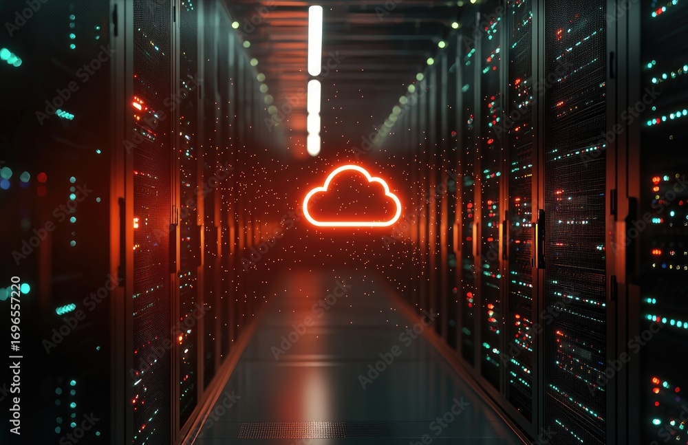 Poster red neon glowing cloud icon with particle sparks in futuristic datacenter corridor, symbolizing clou