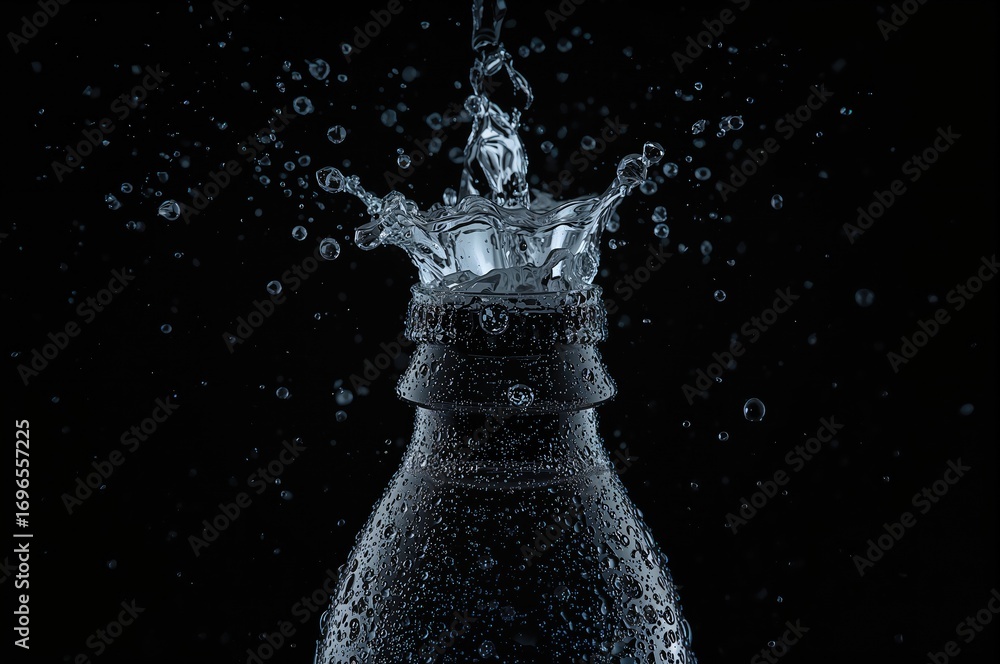 Poster close-up of sparkling water droplets splashing from a bottle against a plain backdrop