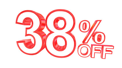 3d 38 percent off text with solid white and red metal outline effects isolated on a transparent background. 3d elements for graphic design.