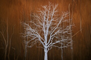 Lonely tree with ghostly limbs towers over an abstract fall scene, creating a hauntingly beautiful atmosphere