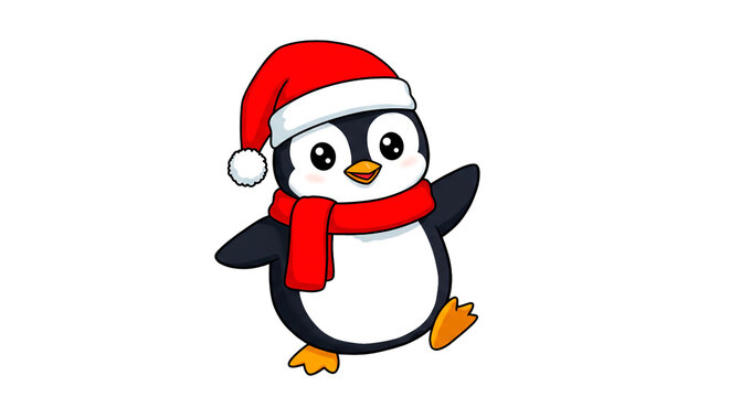Cute penguin santa claus christmas holiday season winter animal cartoon illustration festive character design on transparent background