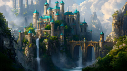 Fototapeta premium Majestic fantasy castle on a rocky cliff amidst mystical misty mountains