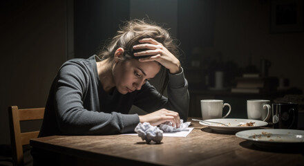 A frustrated woman, head in her hand, stares at crumpled papers and half eaten plates, a portrait of creative block, stress, and overwhelming emotional struggle.
