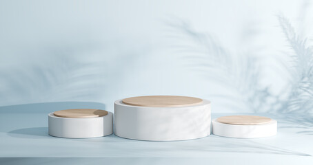 Minimal 3D podium stage with wooden top for product display and cosmetic presentation