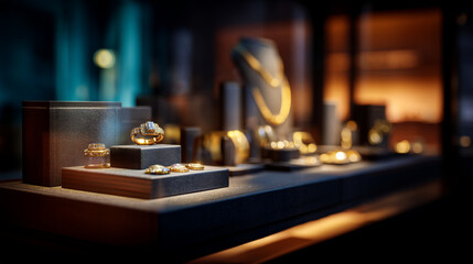 A display of gold jewelry including rings necklaces and bracelets in a shop window