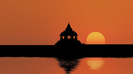 Minimalist Indian temple silhouette at sunset.