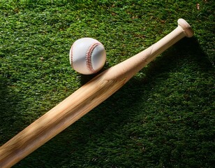 wooden baseball bat and ball on green grass