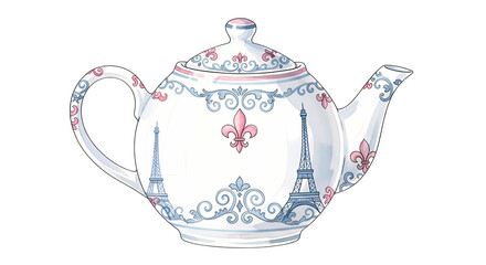 Elegant teapot with floral designs and Eiffel Tower motif on a transparent background