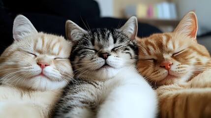 Three adorable cats sleeping together in harmony - tabby and ginger cats with closed eyes and peaceful expressions showing feline friendship and relaxation.