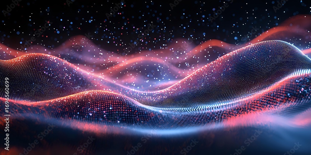 Poster abstract digital wave pattern with glowing red and blue particles flowing against starry dark backgr