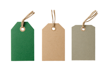 Three blank price tags,  green, beige, and gray,  with twine loops