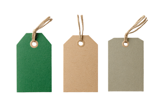 Three blank price tags,  green, beige, and gray,  with twine loops