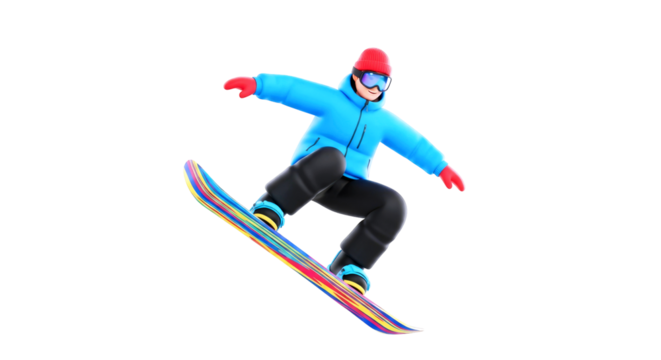cartoon snowboarders freestyle flight 3d render of thrilling aerial maneuver, colorful board, joyful ride, isolated on transparent background