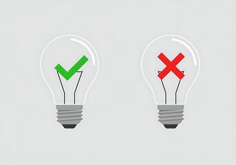 Conceptual Illustration of Correct and Incorrect Ideas Featuring Lightbulbs with Checkmark and X Marks on Light Gray Background
