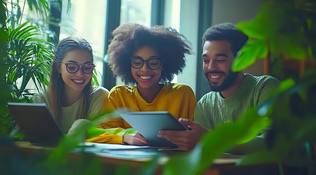 Diverse group of young professionals working together in cozy cafe setting with plants, sharing ideas over coffee and digital devices, casual business meeting.