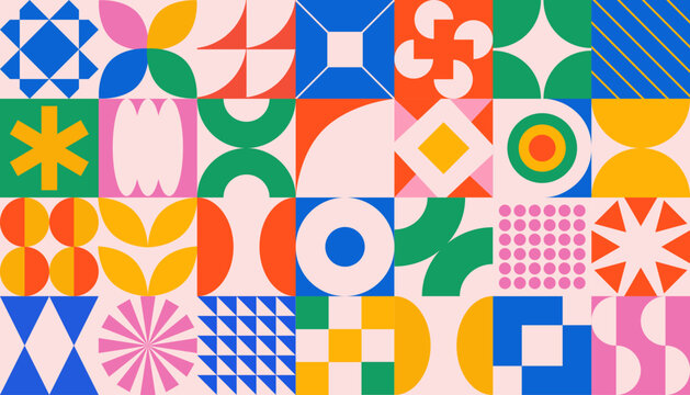 Abstract vector geometric background for your design. Bauhaus style.Vector illustration.Groovy retro shapes. Y2K retro badges for poster logo design.