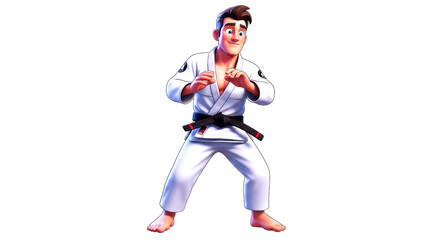 Naklejka premium 3d cartoon jiujitsu master poised for action, confident stance, undefeated champion, isolated on transparent background