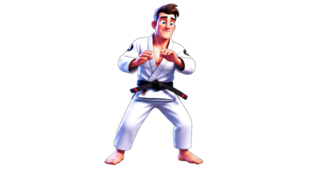 3d cartoon jiujitsu master poised for action, confident stance, undefeated champion, isolated on transparent background