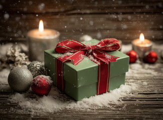 Christmas gift box with red ribbon and festive ornaments on snowy wooden background with candlelight