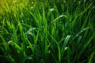 Fototapeta premium Close-up of dew-covered ryegrass pasture under sunlight, showcasing texture and vibrant green hues