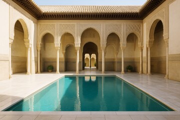 Traditional courtyard with Islamic architectural arches and serene turquoise pool surrounded by intricate columns and natural tiled flooring. Ai generative