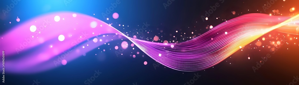 Poster glowing abstract wave with pink and purple light trails flowing through dark space, sparkling partic