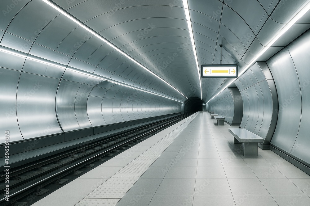 Poster futuristic subway station with metallic architecture and glowing linear lights on ceiling in empty u