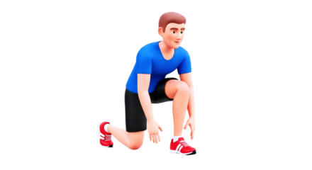 3d cartoon athlete low start position, ready to sprint, determined focus, isolated on transparent background