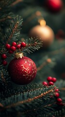 Fototapeta premium Red and Gold Ornaments Adorning a Festive Pine Branch